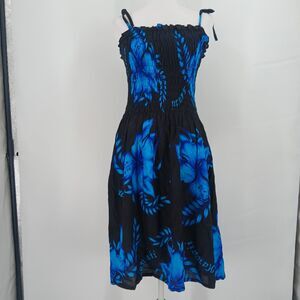 Vintage Unity Trading Hawaii Blue Floral Hawaiian Smocked Mini Dress OS